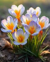 ai généré magnifique crocus fleurs dans de bonne heure printemps. sélectif se concentrer. photo