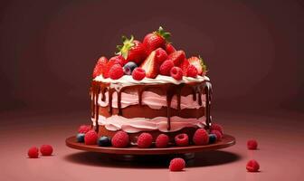 ai généré anniversaire magnifique Chocolat gâteau avec fraise et myrtille photo