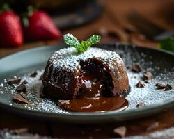 ai généré Chocolat fondant avec des fraises et menthe sur une foncé Contexte. photo