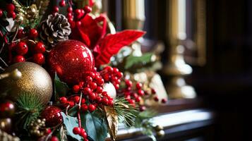 ai généré Noël à le manoir, Anglais campagne décoration et intérieur décor photo