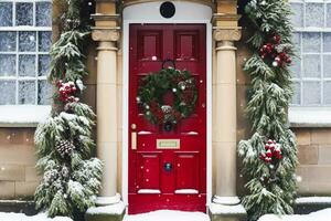 ai généré Noël couronne et décoration sur une classique rouge porte sur neige hiver vacances, joyeux Noël et content vacances vœux, génératif ai photo