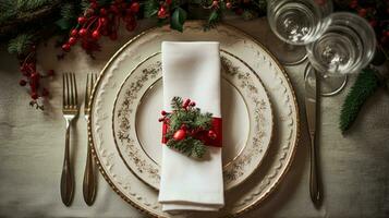 ai généré Noël table décor, vacances paysage de table et dîner table paramètre, formel un événement décoration pour Nouveau année, famille fête, Anglais pays et Accueil coiffant photo