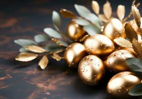 ai généré d'or Pâques des œufs avec fleurs Contexte photo