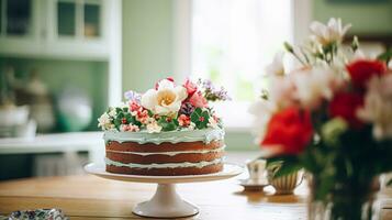 fait maison anniversaire gâteau dans le Anglais campagne loger, chalet cuisine nourriture et vacances cuisson recette photo