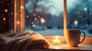 ai généré hiver vacances, soir calme et confortable maison, tasse de thé ou café agresser et tricoté couverture près fenêtre dans le Anglais campagne chalet, vacances atmosphère photo