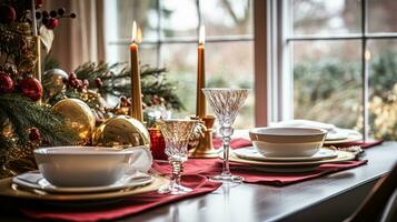 ai généré Noël vacances famille petit-déjeuner, table réglage décor et de fête paysage de table, Anglais pays et Accueil coiffant photo