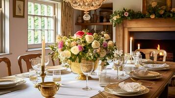 ai généré vacances fête table décor, de fête paysage de table dans à manger chambre, bougies et fleurs décoration pour formel famille dîner dans le Anglais pays loger, campagne intérieur conception photo