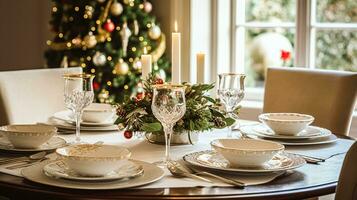 ai généré Noël vacances famille petit-déjeuner, table réglage décor et de fête paysage de table, Anglais pays et Accueil coiffant photo