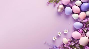 ai généré Cadre Contexte avec Pâques peint des œufs avec fleurs sur lumière rose violet Contexte. bannière avec copie espace. idéal pour Pâques promotion, printemps événement, vacances salutation, publicité photo