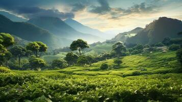 ai généré ancien vert thé plantation paysage. une vaste, bien maintenu thé plantation en dessous de une clair ciel avec loin montagnes. thé jardins. idéal pour agriculture et la nature thèmes photo