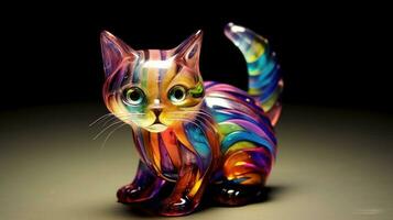 ai généré coloré arc en ciel verre chat figurine sur une foncé arrière-plan, idéal pour Accueil décor ou comme une conception élément photo