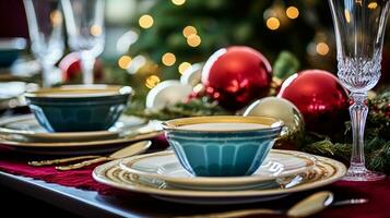 ai généré Noël vacances famille petit-déjeuner, table réglage décor et de fête paysage de table, Anglais pays et Accueil coiffant photo