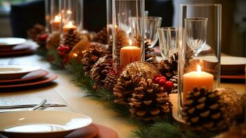 ai généré Noël table décor, vacances paysage de table et dîner table paramètre, formel un événement décoration pour Nouveau année, famille fête, Anglais pays et Accueil coiffant photo