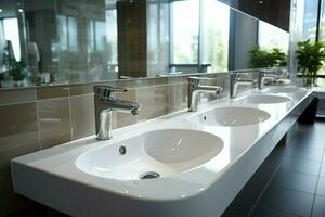 ai généré moderne Publique salle de bains avec blanc céramique laver évier bassins et miroir photo