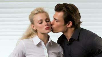 ai généré homme dans blanc chemise embrasser une blond femme dans un Bureau paramètre. Bureau romance. intime moment de l'amour et lien entre collègues photo