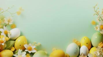 ai généré Cadre Contexte avec Pâques peint des œufs avec fleurs sur lumière vert Contexte. bannière avec copie espace. idéal pour Pâques promotion, printemps événement, vacances salutation, publicité photo