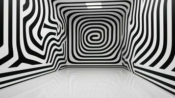 ai généré pièce couvert dans une noir et blanc spirale modèle, création un optique illusion. idéal pour arrière-plans ou abstrait conception éléments photo