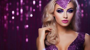 ai généré Jeune élégant glamour blond avec brillant maquillage dans une de fête violet paillette robe sur une pétillant violet Contexte. bannière avec copie espace. idéal pour mode, un événement promotions, photo