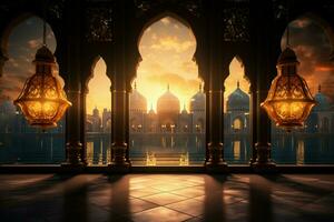 ai généré fenêtre concept mélanges avec eid Al fitr charme lanterne, mosquée photo