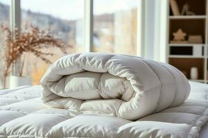 ai généré lit décoration luxe blanc oreiller et couverture, exquis vers le bas consolateur photo