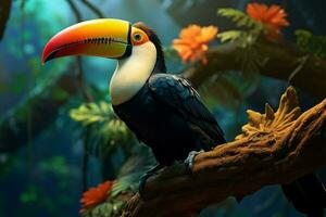 ai généré toucans dynamisme une coloré portrait contre le luxuriant forêt Contexte photo