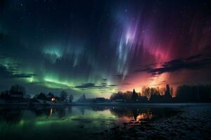 ai généré céleste beauté le nuit ciel peint avec une étourdissant aurore photo