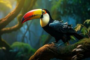 ai généré toucans dynamisme une coloré portrait contre le luxuriant forêt Contexte photo