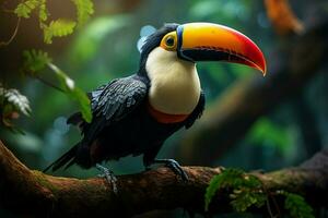 ai généré aviaire beauté une toucans portrait mettant en valeur vibrant plumes dans le forêt photo