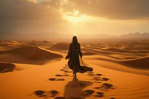 ai généré dune trekking femme profiter une promenade par le déserts paysages de sable photo