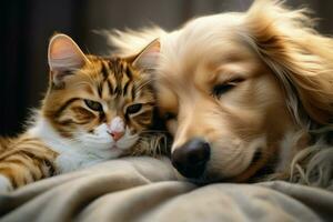 ai généré chat et chien pacifiquement coexister, partage une moment de tranquillité dans sommeil photo