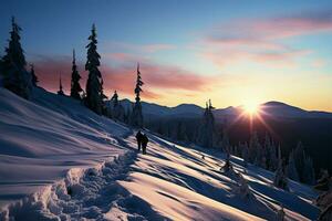 ai généré le coucher du soleil paysage de neige hiver paysage orné avec le couleurs de crépuscule photo