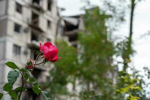 détruit et brûlé Maisons dans le ville pendant le guerre dans Ukraine photo