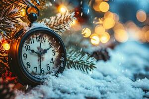 ai généré ancien l'horloge et Noël arbre sur neige avec bokeh lumières. photo