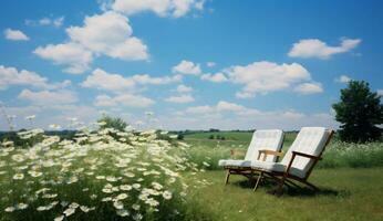 ai généré deux chaises sur une Prairie avec marguerites et bleu ciel photo