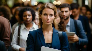 ai généré portrait de Jeune femme d'affaires dans de face de groupe de affaires gens photo