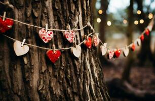 ai généré la Saint-Valentin journée Contexte avec cœurs pendaison sur une arbre dans le forêt photo
