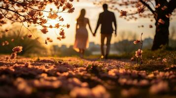 ai généré couple dans l'amour en marchant par le épanouissement Cerise fleur jardin photo