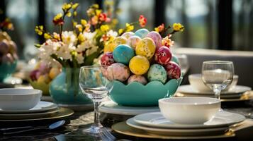 ai généré Pâques table réglage avec coloré des œufs et vaisselle, sélectif concentrer photo