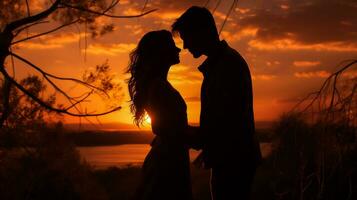 ai généré silhouette de une Jeune couple dans l'amour sur le Contexte de une magnifique le coucher du soleil photo