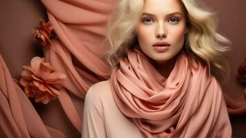 ai généré magnifique Jeune femme dans rose soie foulard. beauté, mode. photo