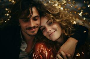 ai généré magnifique Jeune couple dans l'amour sur une Contexte de d'or confettis. photo