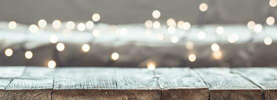 Noël vacances Contexte avec vide en bois table Haut plus de de fête bokeh lumière décorer. photo