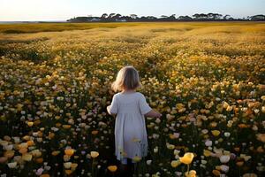 ai généré une Jeune fille dans une robe des promenades dans une champ de Jaune fleurs. neural réseau ai généré photo