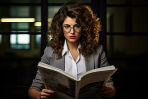 ai généré portrait de une Jeune femme d'affaires en train de lire une magazine dans le bureau, affaires femme en train de lire journal, ai généré photo