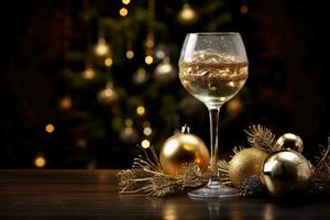 ai généré des lunettes de Champagne et Noël décorations sur en bois table plus de bleu bokeh arrière-plan, Champagne verre orné avec Noël boules, ai généré photo