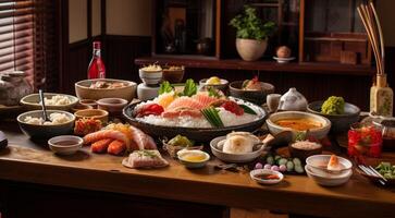 ai généré traditionnel thaïlandais nourriture, grillé Viande et légumes, délicieux Fruit de mer sur le tableau, Viande et Fruit de mer sur table dans cuisine photo