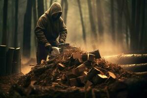 ai généré homme en portant empiler de Couper bois de chauffage dans forêt. produire ai photo