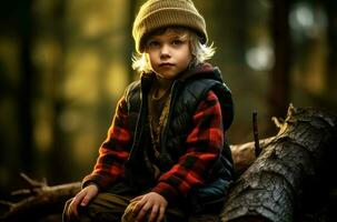 ai généré bûcheron enfant forêt. produire ai photo