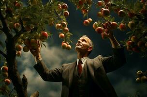 ai généré Sénior homme cueillette mûr pommes dans panier. produire ai photo