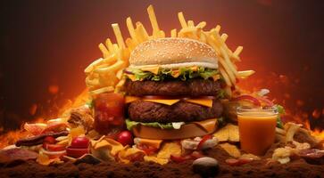 ai généré Burger et frites sur abstrait arrière-plan, Fast food fond d'écran, Burger et frites sur le tableau, Fast food bannière photo